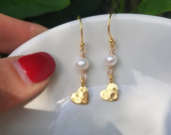 Tiny 24K Gold Vermeil hammered heart and Freshwater pearl drop earrings small heart earrings real pearl June Birthstone jewellery gift mum