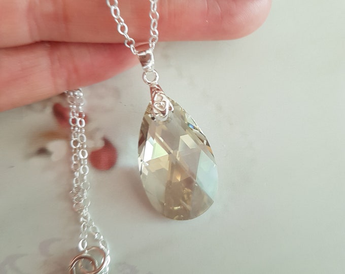 Silver shade Swarovski crystal Necklace  Sterling Silver large smoky crystal teardrop pendant gift for mothers day Swarovski Jewellery gift