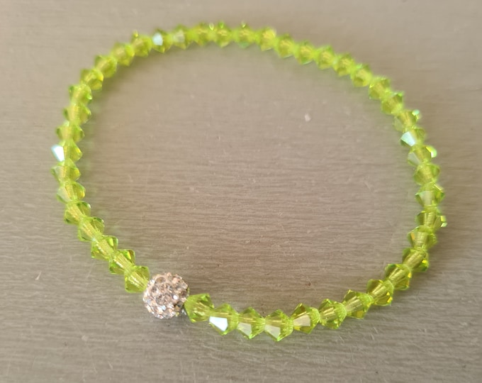 GREEN crystal stretch bracelet with Diamante, Sterling Silver OR Gold Fill accent bead