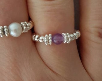Amethyst Sterling Silver stretch ring purple gemstone bead ring stacking ring February Birthstone jewellery gift Healing Chakra jewellery