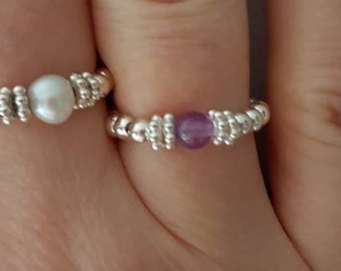 Amethyst Sterling Silver stretch ring purple gemstone bead ring stacking ring February Birthstone jewellery gift Healing Chakra jewellery