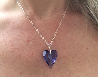 Purple Swarovski Crystal Heart Necklace Sterling Silver chain Tanzanite large Crystal heart necklace Gift Boxed gift for mum wife girl