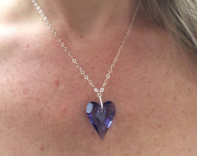 Purple Swarovski Crystal Heart Necklace Sterling Silver chain Tanzanite large Crystal heart necklace Gift Boxed gift for mum wife girl