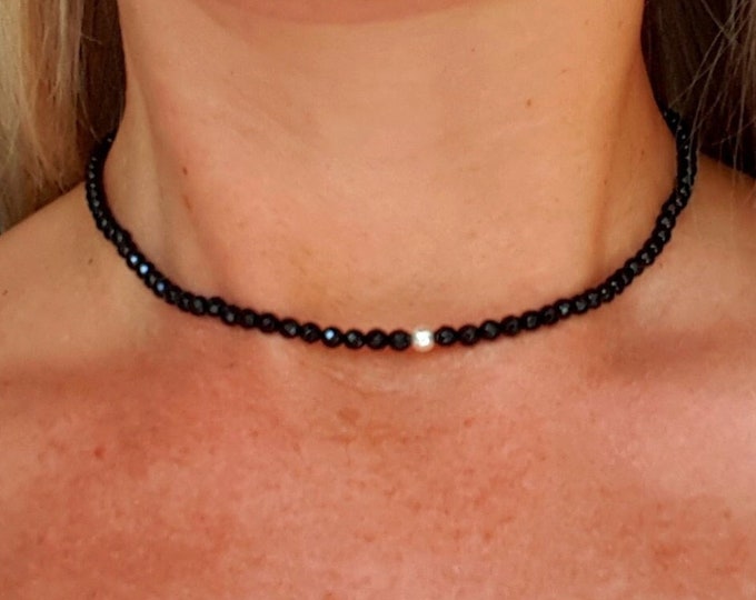 Tin Black Onyx choker necklace in Sterling Silver or  14K Gold Fil l- February Birthstone jewellery - Root Chakra jewellery gift