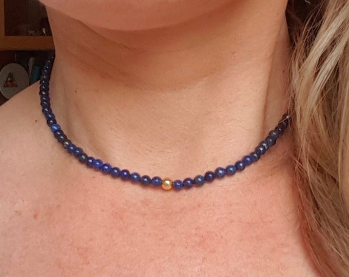 Blue Lapis Lazuli gemstone bead necklace choker in Sterling Silver or 14K Gold Fill  - September Birthstone jewellery gift for her or him