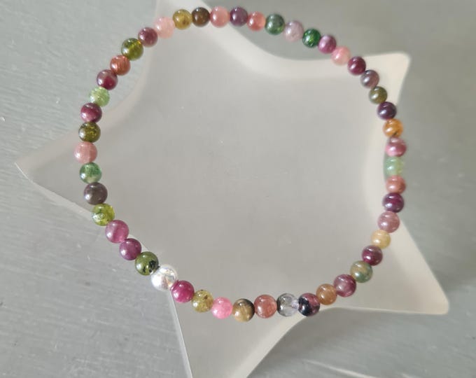 Watermelon Tourmaline STRETCH Bracelet Sterling Silver Gold Fill tiny 4mm multicolour gemstone bead bracelet October Birthstone jewelry gift