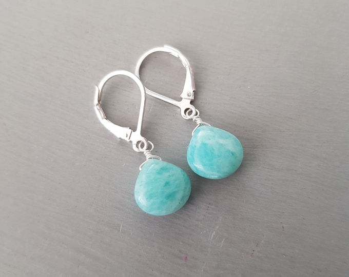 Amazonite earrings Sterling Silver 14K Gold Fill or Rose Gold Fill small Aqua green Amazonite gemstone earrings heart Chakra jewellery gift