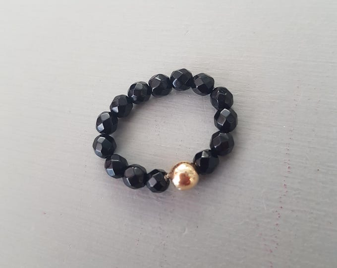 BLACK ONYX STRETCH ring Sterling Silver / Gold black gemstone bead ring stacking ring February Birthstone jewellery gift 7th anniversary her