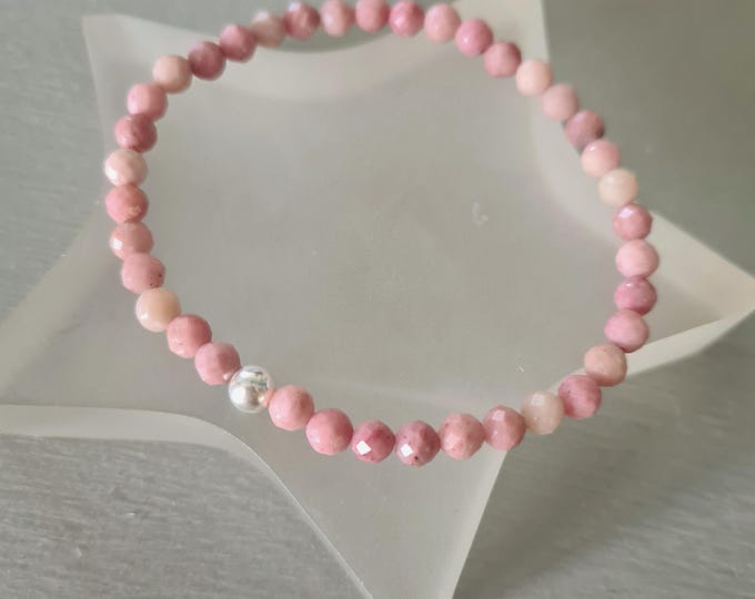 Pink Rhodochrosite Bead Stretch Bracelet Silver or Gold tiny 4mm faceted pink gemstone bead Bracelet healing crystal jewellery gift mum girl