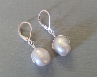 Grey Baroque Freshwater pearl earrings Sterling Silver large grey pearl drop earrings Real Baroque Pearl Jewellery Pearl anniversary gift