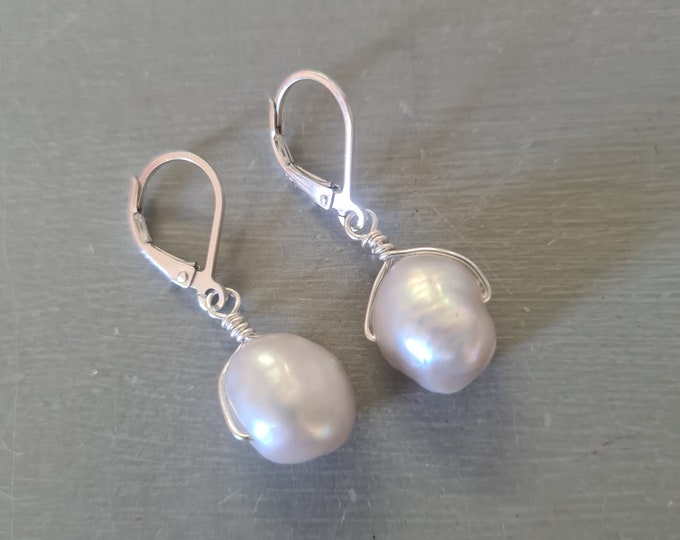 Grey Baroque Freshwater pearl earrings Sterling Silver large grey pearl drop earrings Real Baroque Pearl Jewellery Pearl anniversary gift