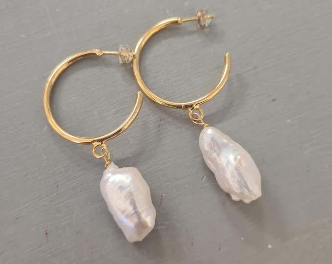 Large Baroque pearl earrings Gold Fill hoop big white Freshwater pearl drop earrings real Pearl June Birthstone jewellery gift for her mum
