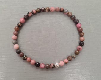 PINK RHODONITE stretch Bracelet Sterling Silver Gold Fill tiny 4mm small gemstone bead bracelet Stacking jewelry Heart chakra jewellery gift