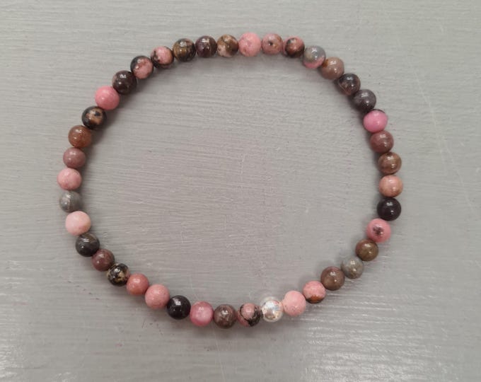PINK RHODONITE stretch Bracelet Sterling Silver Gold Fill tiny 4mm small gemstone bead bracelet Stacking jewelry Heart chakra jewellery gift