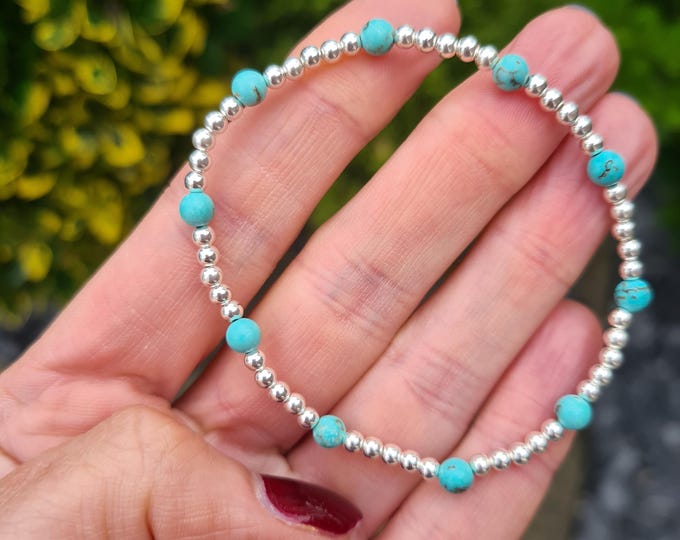 Tiny Turquoise stretch Bracelet Sterling Silver or 14K Gold Fill 4mm blue GEMSTONE bead Bracelet December Birthstone jewellery gift for her
