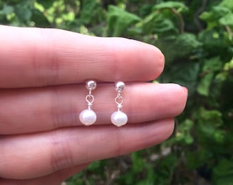 Tiny Freshwater pearl drop earrings Sterling Silver small 5mm real white pearl earring June Birthstone jewellery gift for her girl mum