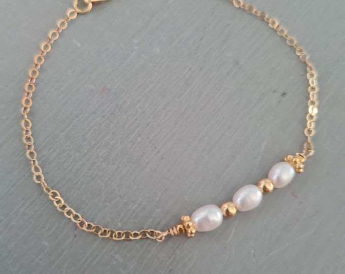 Tiny Freshwater Pearl bracelet in 14K Gold Fill or Sterling Silver June Birthstone jewellery gift for girl or mum