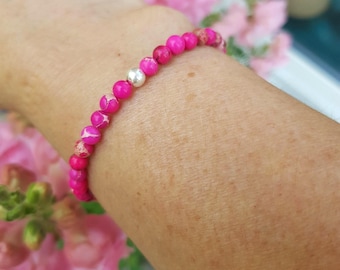Pink Jasper stretch bracelet with Sterling Silver or Gold Fill bead tiny 4mm hot pink gemstone bead bracelet Yoga Healing jewellery gift