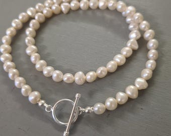 White Baroque Freshwater Pearl necklace Sterling Silver 7mm large real AA Baroque pearl necklace June Birthstone jewellery gift for mum her