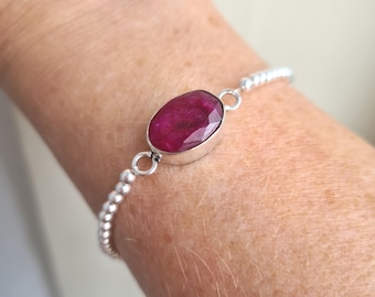 Real Ruby Sterling Silver stretch bracelet raw red Ruby gemstone bead Bracelet Root Chakra July Birthstone 15th and 40th anniversary gift