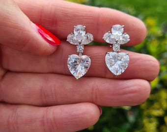 Cubic Zircon diamond heart stud earrings small CZ diamond heart earrings Valentine studs Wedding anniversary April Birthstone jewellery gift