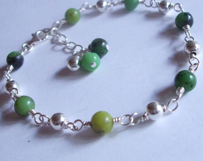 Green Chrysoprase Sterling Silver wirewrapped bead bracelet - May Birthstone gift