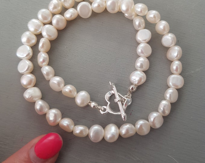 White Baroque Freshwater Pearl choker necklace Sterling Silver heart clasp large pearl necklace REAL white Pearl jewellery gift for her mum