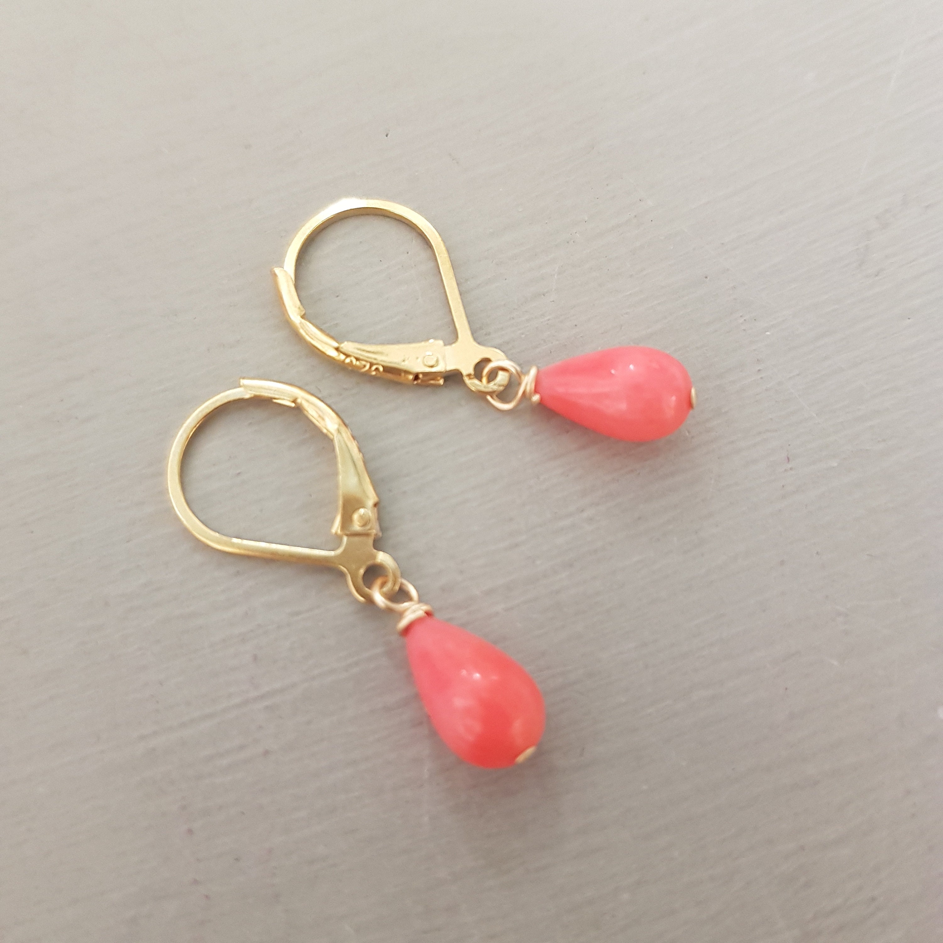 Tiny pink Coral earrings Sterling Silver or Gold Fill small Coral tear ...
