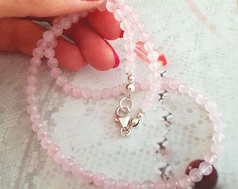 Tiny Rose Quartz necklace choker Sterling Silver / Gold Fill 4mm pink gemstone bead necklace January Birthstone jewellery gift for mum girl
