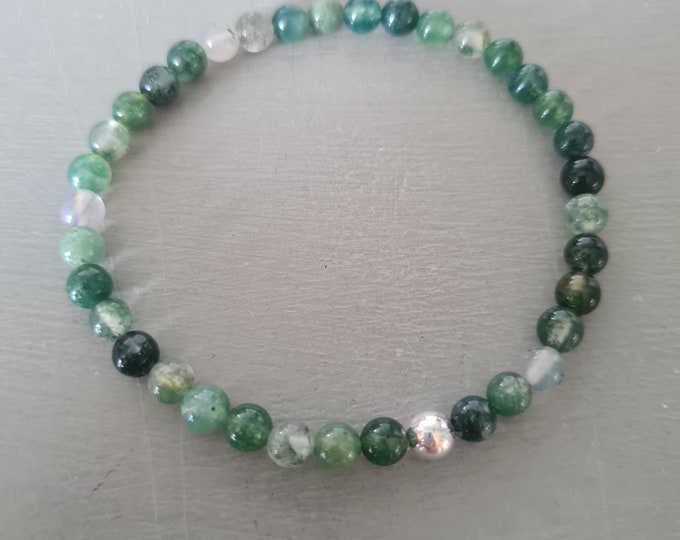 Green Moss Agate stretch Bracelet Sterling Silver or Gold Fill accent bead - Chakra jewellery gift for her or him