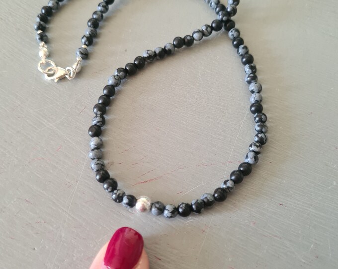 Tiny Black Snowflake Obsidian choker necklace Sterling Silver or Gold Fill 4mm black and grey gemstone bead necklace root Chakra jewellery