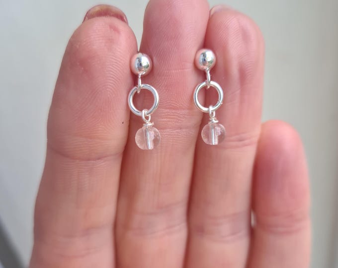 Tiny Clear Crystal Quartz gemstone bead earrings Sterling Silver or Gold Fill stud  - April Birthstone jewellery gift for girl