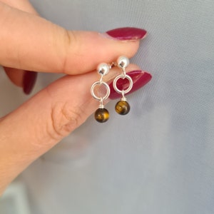 Tiny Tigers Eye earrings Sterling Silver stud or 14K Gold Fill small 4mm Brown gemstone bead drop earrings Healing Chakra jewellery gift