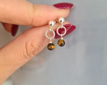 Tiny Tigers Eye earrings Sterling Silver stud or 14K Gold Fill - Healing Chakra jewellery gift