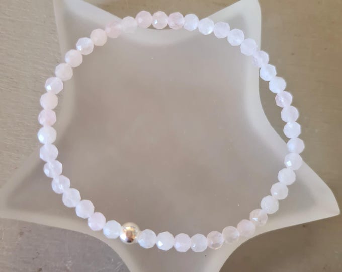 Tiny Rose Quartz STRETCH Bracelet Sterling Silver or Gold 4mm faceted pink Quartz GEMSTONE bead Bracelet January Birthstone jewelry gift her