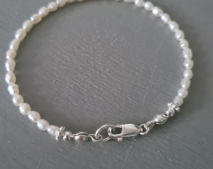Tiny Freshwater Pearl Bracelet Sterling Silver or Gold real 3mm seed rice pearl Bracelet June Birthstone jewellery gift wedding anniversary