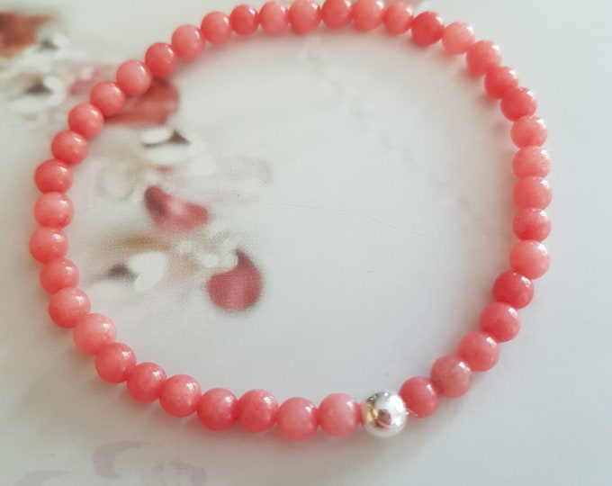 Tiny PINK JADE STRETCH Bracelet Sterling Silver Gold Fill 4mm pink gemstone bead Bracelet 4mm beaded Bracelet heart Chakra jewellery gift