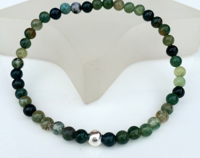 Green Moss Agate stretch Bracelet Sterling Silver or Gold Fill accent bead - Chakra jewellery gift for her or him