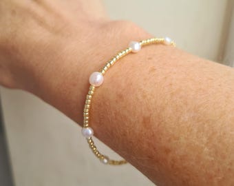 Tiny Baroque Freshwater Pearl bracelet Gold or Silver seed beads tiny Real pearl bracelet - June Birthstone jewellery gift for her mum girl