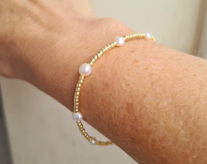 Tiny Baroque Freshwater Pearl bracelet Gold or Silver seed beads tiny Real pearl bracelet - June Birthstone jewellery gift for her mum girl