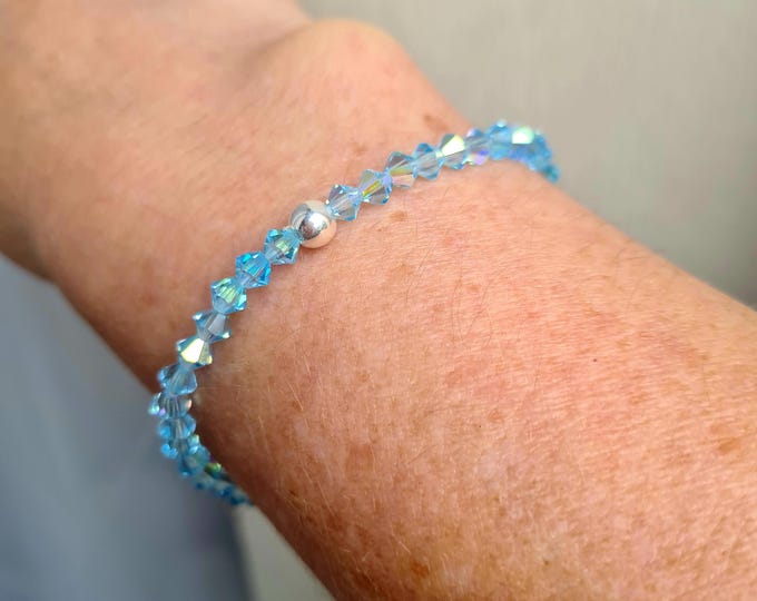 Tiny Aquamarine crystal stretch bracelet Sterling Silver or Gold Fill 4mm Aqua Blue AB crystal bead bracelet March Birthstone jewellery gift