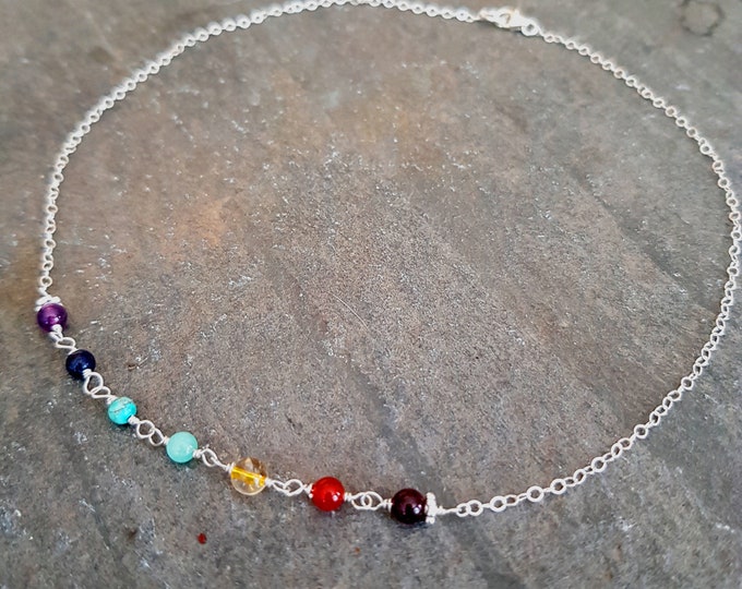 7 Chakra necklace choker Sterling Silver or 14K Gold Fill tiny 4mm RAINBOW multi gemstone bead BOHO 7 Chakra Healing jewellery gift for girl