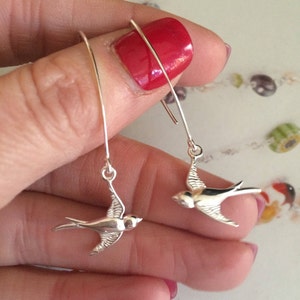 Sterling Silver bird earring long hooks, Silver unique swallow bird earrings Handmade Silver bird earrings 925 Silver jewelry jewellery gift