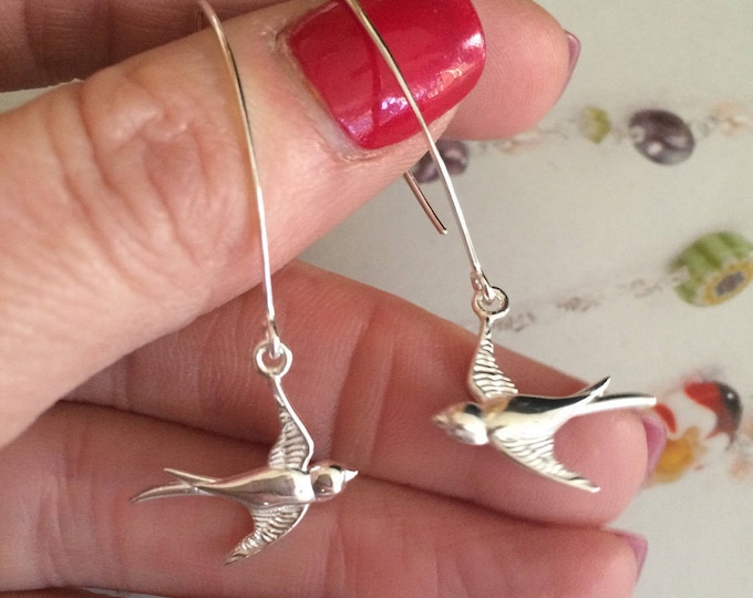 Sterling Silver bird earring long hooks, Silver unique swallow bird earrings Handmade Silver bird earrings 925 Silver jewellery gift