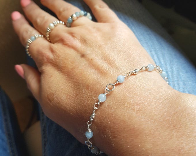 Tiny AQUAMARINE Bracelet Sterling Silver Gold 4mm real Aquamarine blue gemstone Bead Bracelet March Birthstone jewellery gift throat chakra