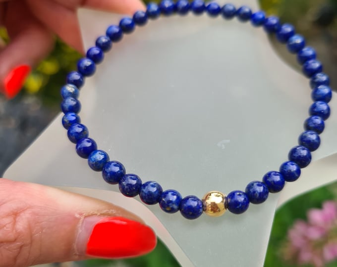 Blue Lapis stretch Bracelet 14K Gold Fill or Sterling Silver 4mm small bead bracelet Lapis Lazuli September Birthstone jewellery gift