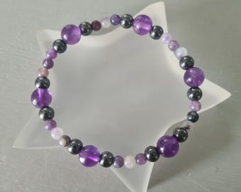 AMETHYST Lepidolite and Hematite stretch Bracelet Sterling Silver purple gemstone bead Bracelet Chakra Healing Calming Bracelet jewelry gift