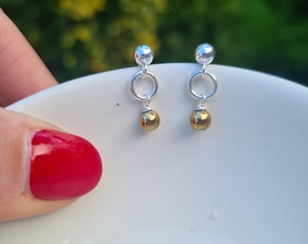 Tiny gold Hematite earrings Sterling Silver or Gold Fill studs small Gold Hematite gemstone bead drop earrings Handmade jewellery gift