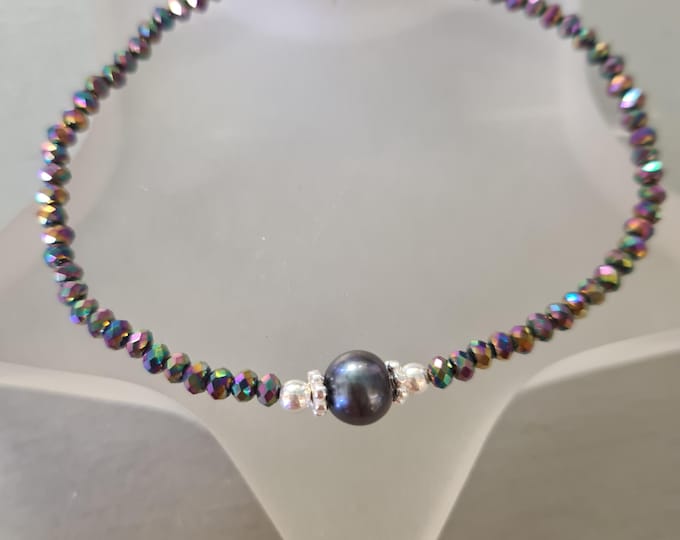 Peacock Freshwater Pearl stretch bracelet Sterling Silver real Peacock pearl and tiny peacock crystal bracelet jewellery gift for mum