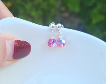 Tiny pink AB Swarovski crystal earrings Sterling Silver or Gold small sparkly Rose AB crystal drop earrings crystal jewellery gift for girl